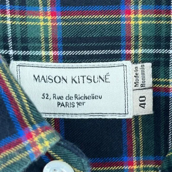 MAISON KITSUNE Shirt Mens 40 L Tartan Plaid Flannel Tricolor Fox Cotton Green - Picture 10 of 14